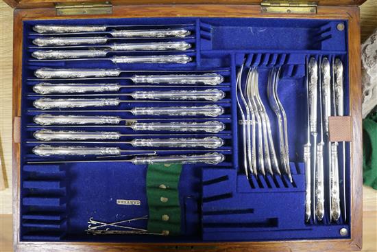 A part canteen of plated Kings pattern cutlery, walnut cased